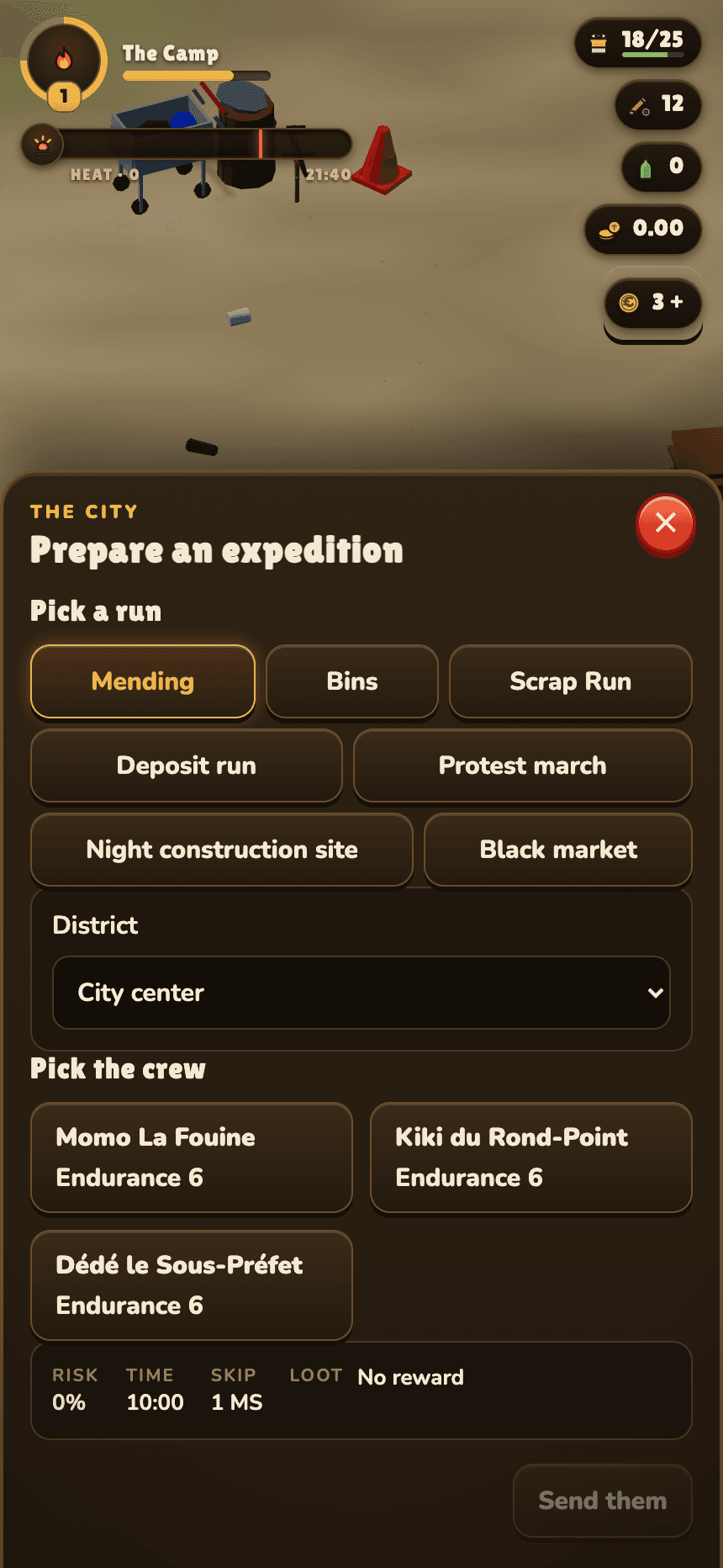 The expedition screen on device — Prepare an expedition: pick a run, a district, and the crew, then Send them