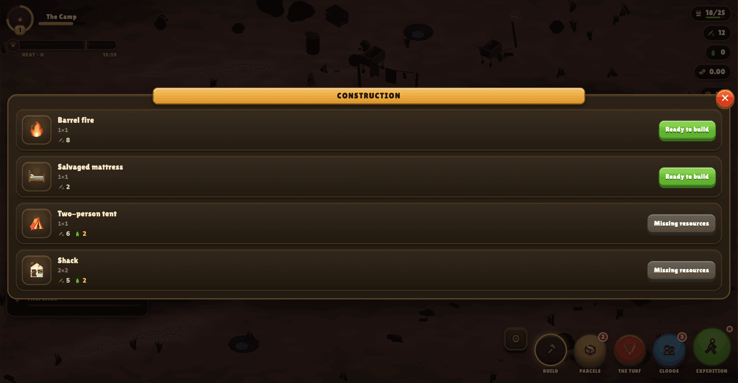 The in-game Construction menu — Barrel fire and Salvaged mattress ready to build, Two-person tent and Shack missing resources