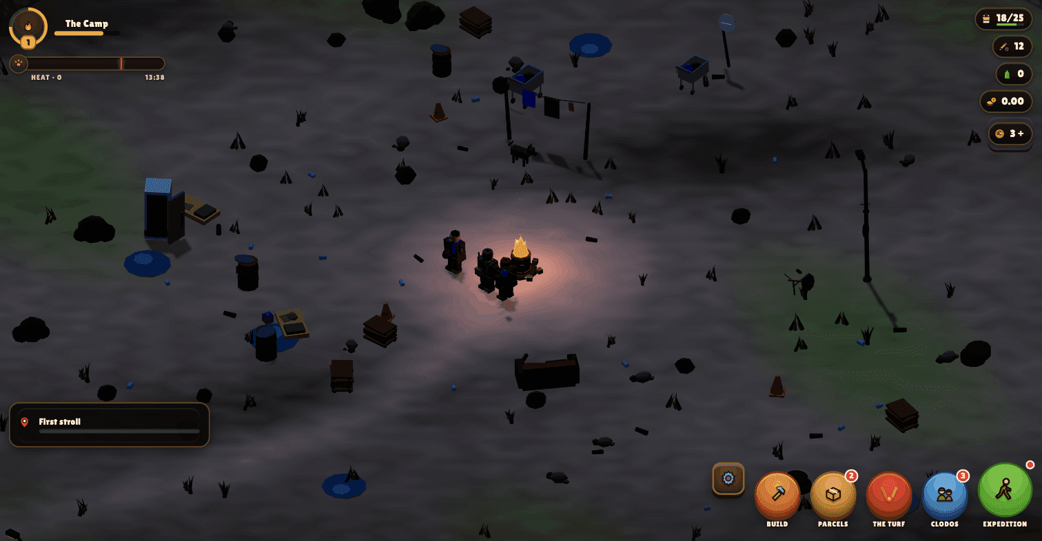 The camp at night — the barrel fire lights the trio, the rest of the wasteland goes dark