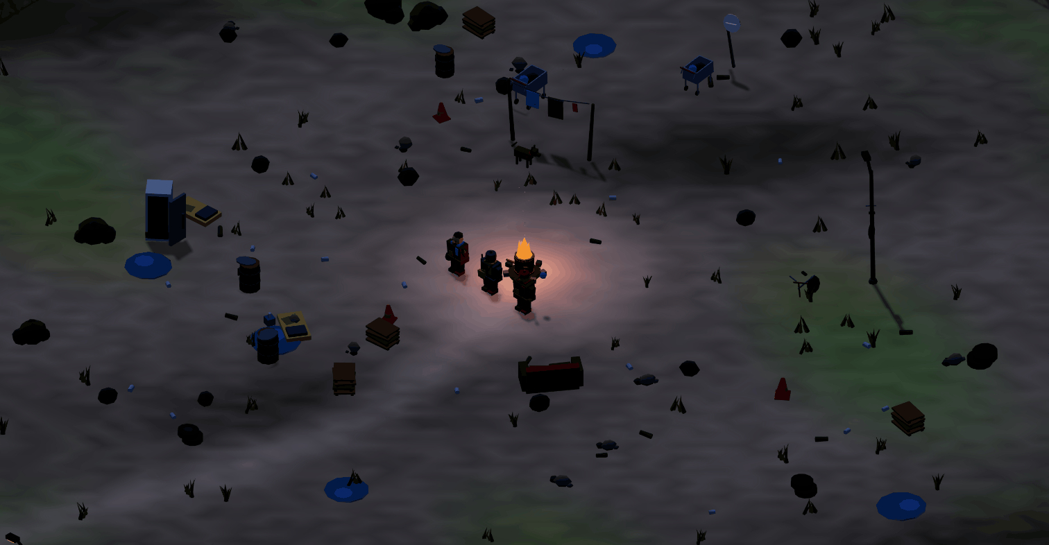 The Bouse-Town camp at night — three clodos around a barrel fire in the middle of a dark wasteland